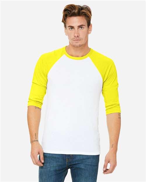 BELLA + CANVAS 3200 Unisex Three-Quarter Sleeve Baseball Tee - White/ Neon Yellow - model front