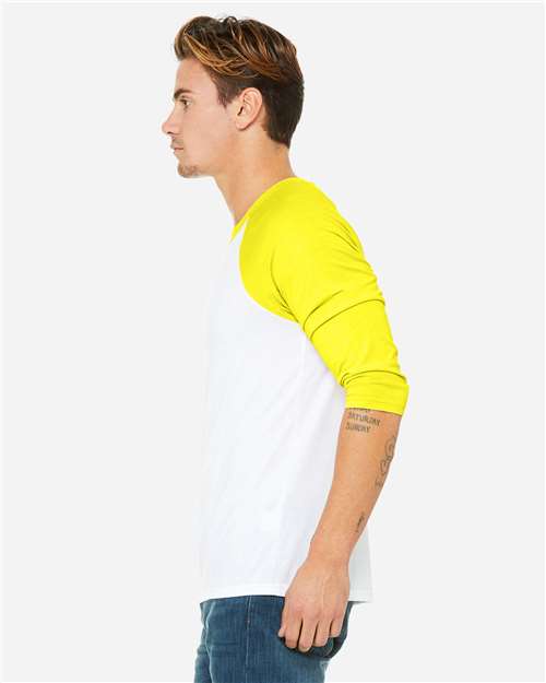 BELLA + CANVAS 3200 Unisex Three-Quarter Sleeve Baseball Tee - White/ Neon Yellow - model side