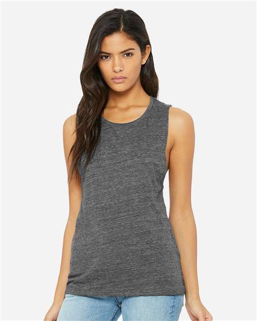 BELLA + CANVAS 8803 Women's Flowy Scoop Muscle Tank - Asphalt Slub - model front