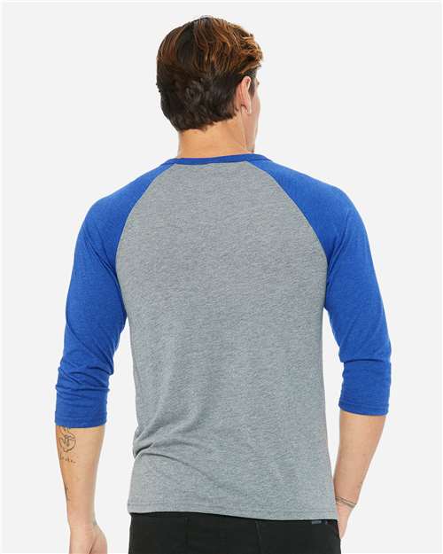BELLA + CANVAS 3200 Unisex Three-Quarter Sleeve Baseball Tee - Grey/ True Royal Triblend - model back