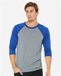 BELLA + CANVAS 3200 Unisex Three-Quarter Sleeve Baseball Tee - Grey/ True Royal Triblend - model front