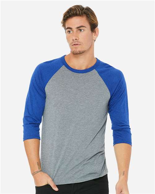 BELLA + CANVAS 3200 Unisex Three-Quarter Sleeve Baseball Tee - Grey/ True Royal Triblend - model front