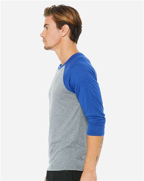 BELLA + CANVAS 3200 Unisex Three-Quarter Sleeve Baseball Tee - Grey/ True Royal Triblend - model side