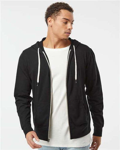 Independent Trading Co. PRM90HTZ Unisex Heathered French Terry Full-Zip Hooded Sweatshirt - Black - model front
