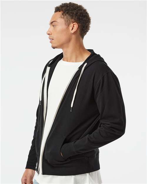 Independent Trading Co. PRM90HTZ Unisex Heathered French Terry Full-Zip Hooded Sweatshirt - Black - model side