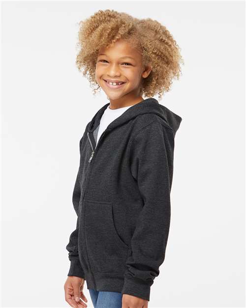 Independent Trading Co. SS4001YZ Youth Midweight Full-Zip Hooded Sweatshirt - Charcoal Heather - model side
