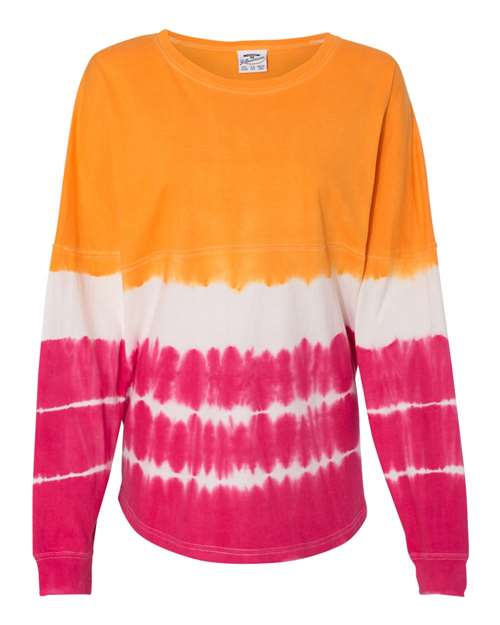J. America 8229 Unisex Game Day Jersey Long Sleeve T-Shirt - Atomic Orange/ Cosmic Pink Tie-Dye - front