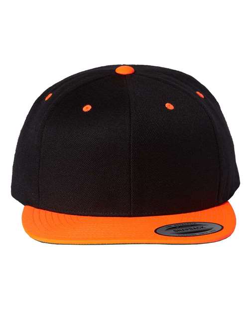 Yupoong 6089M Premium Flat Bill Snapback Cap - Black/ Neon Orange - front