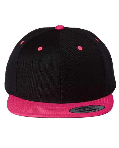 Yupoong 6089M Premium Flat Bill Snapback Cap - Black/ Neon Pink - front