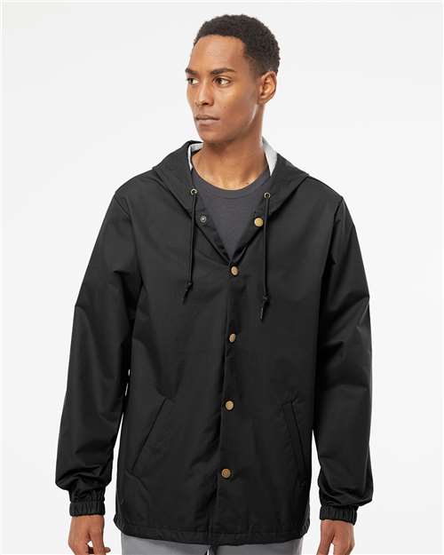 Independent Trading Co. EXP95NB Men's Water-Resistant Hooded Windbreaker - Black - model front