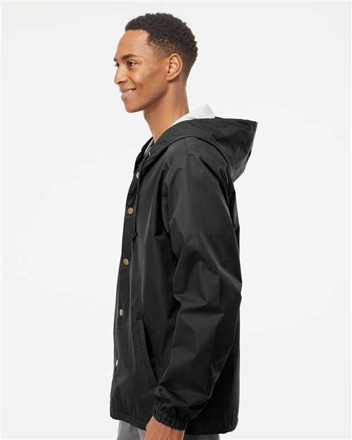 Independent Trading Co. EXP95NB Men's Water-Resistant Hooded Windbreaker - Black - model side