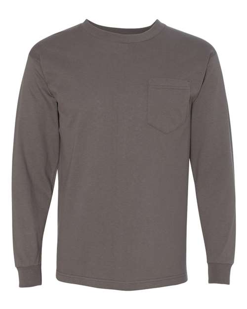 Bayside 8100 Unisex USA-Made Long Sleeve Pocket T-Shirt - Charcoal - front