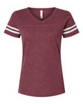 LAT 3537 Women's Football V-Neck Fine Jersey Tee - Vintage Burgundy/ White - front