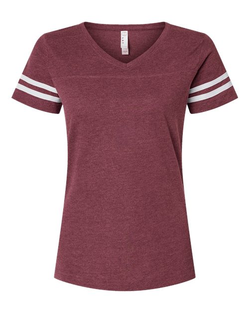 LAT 3537 Women's Football V-Neck Fine Jersey Tee - Vintage Burgundy/ White - front