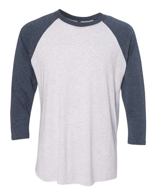 Next Level 6051 Unisex Triblend Three-Quarter Raglan T-Shirt - Indigo Sleeves/ Heather White Body - front