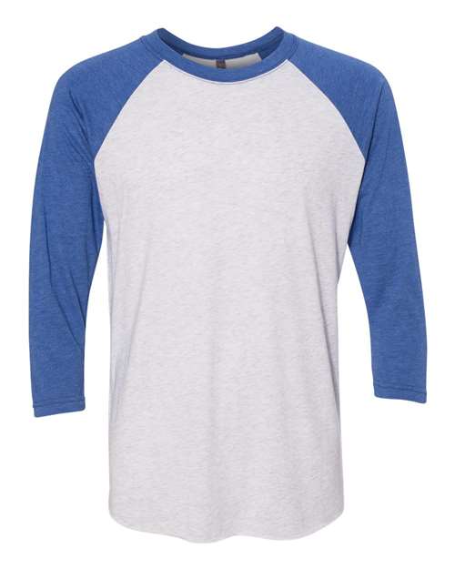 Next Level 6051 Unisex Triblend Three-Quarter Raglan T-Shirt - Vintage Royal Sleeves/ Heather White Body - front