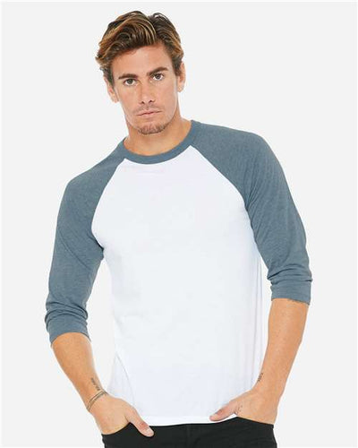 BELLA + CANVAS 3200 Unisex Three-Quarter Sleeve Baseball Tee - White/ Denim - model front