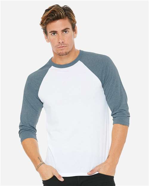 BELLA + CANVAS 3200 Unisex Three-Quarter Sleeve Baseball Tee - White/ Denim - model front