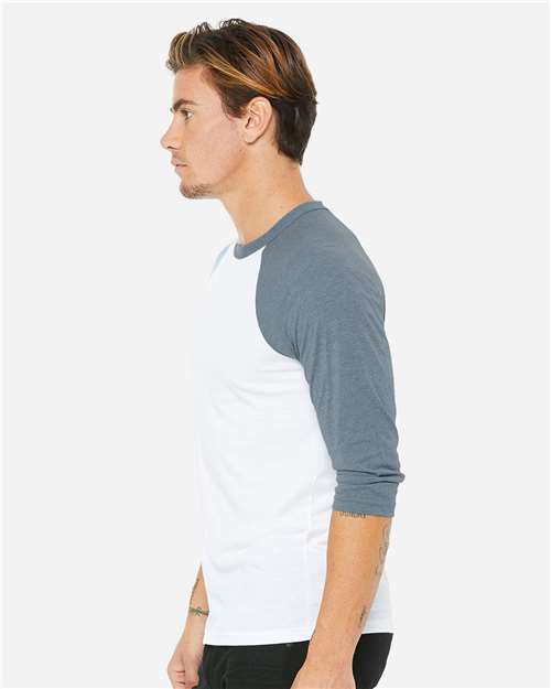 BELLA + CANVAS 3200 Unisex Three-Quarter Sleeve Baseball Tee - White/ Denim - model side