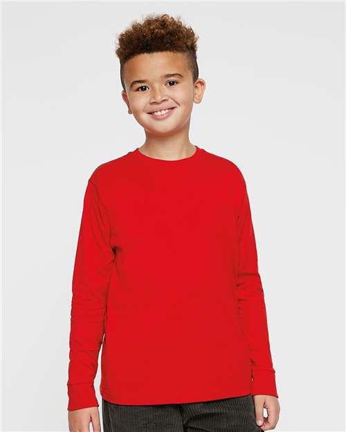 LAT 6201 Youth Fine Jersey Long Sleeve Tee - Red - model front