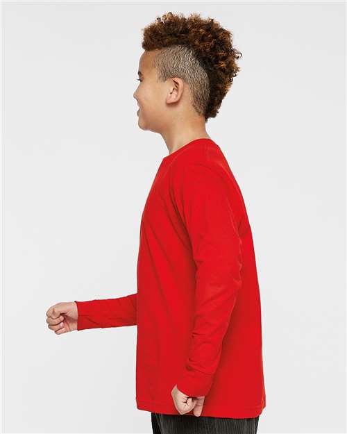 LAT 6201 Youth Fine Jersey Long Sleeve Tee - Red - model side