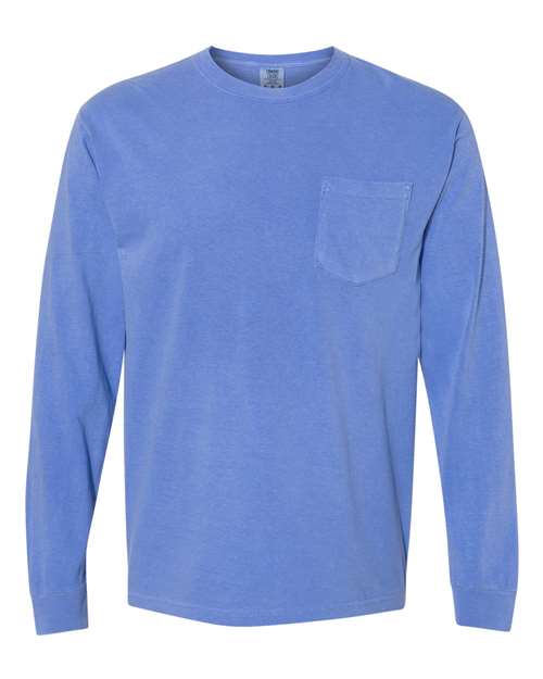 Comfort Colors 4410 Garment-Dyed Heavyweight Long Sleeve Pocket T-Shirt - Flo Blue - front