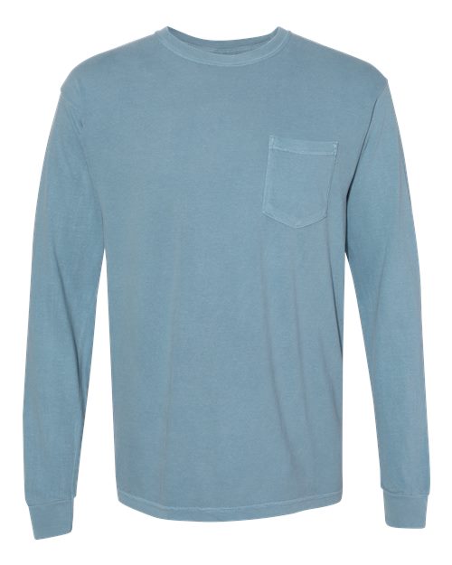 Comfort Colors 4410 Garment-Dyed Heavyweight Long Sleeve Pocket T-Shirt - Ice Blue - front