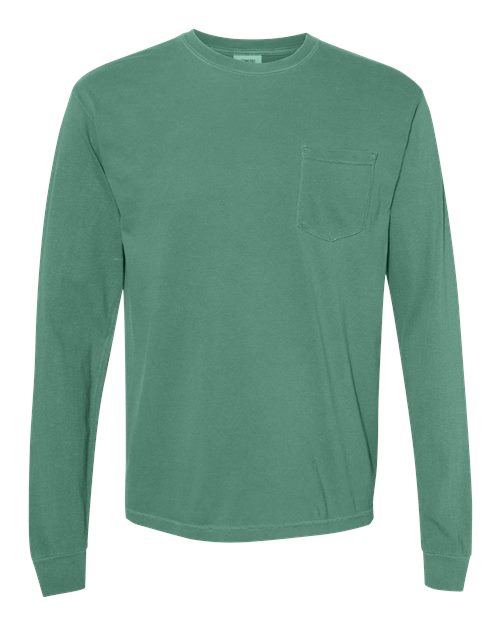 Comfort Colors 4410 Garment-Dyed Heavyweight Long Sleeve Pocket T-Shirt - Light Green - front