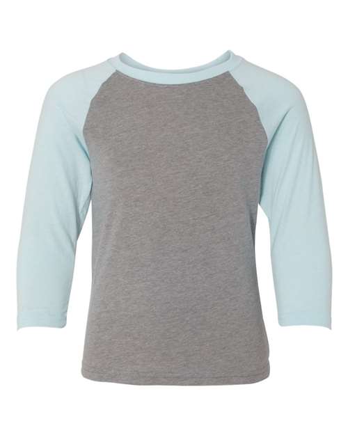 Next Level 3352 Youth CVC Three-Quarter Sleeve Raglan T-Shirt - Ice Blue Sleeves/ Dark Heather Grey Body - front