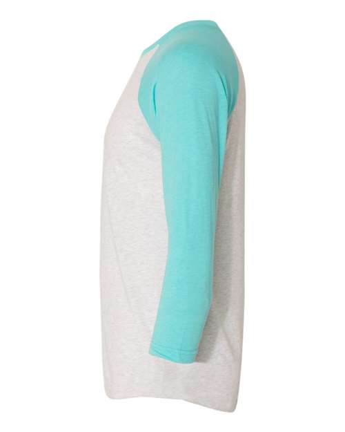 Next Level 6051 Unisex Triblend Three-Quarter Raglan T-Shirt - Tahiti Blue Sleeves/ Heather White Body - side