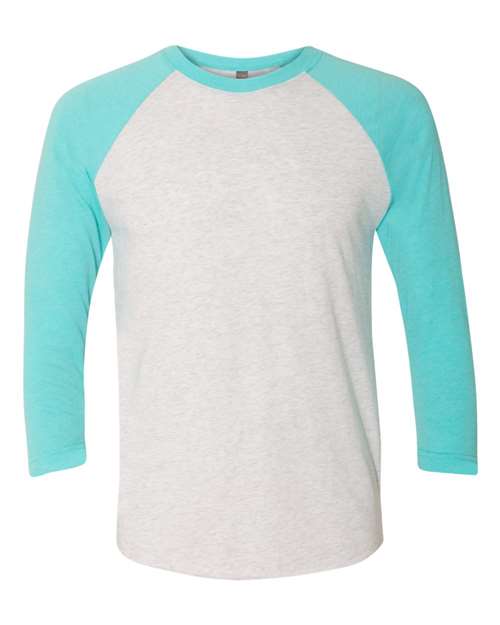 Next Level 6051 Unisex Triblend Three-Quarter Raglan T-Shirt - Tahiti Blue Sleeves/ Heather White Body - front