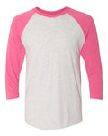 Next Level 6051 Unisex Triblend Three-Quarter Raglan T-Shirt - Vintage Pink Sleeves/ Heather White Body - front