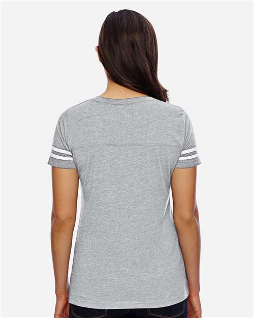 LAT 3537 Women's Football V-Neck Fine Jersey Tee - Vintage Heather/ White - model back