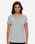 LAT 3537 Women's Football V-Neck Fine Jersey Tee - Vintage Heather/ White - model front