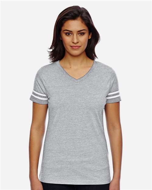 LAT 3537 Women's Football V-Neck Fine Jersey Tee - Vintage Heather/ White - model front