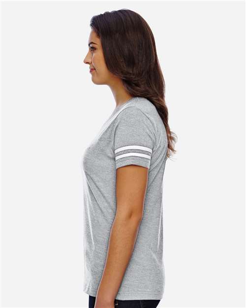 LAT 3537 Women's Football V-Neck Fine Jersey Tee - Vintage Heather/ White - model side