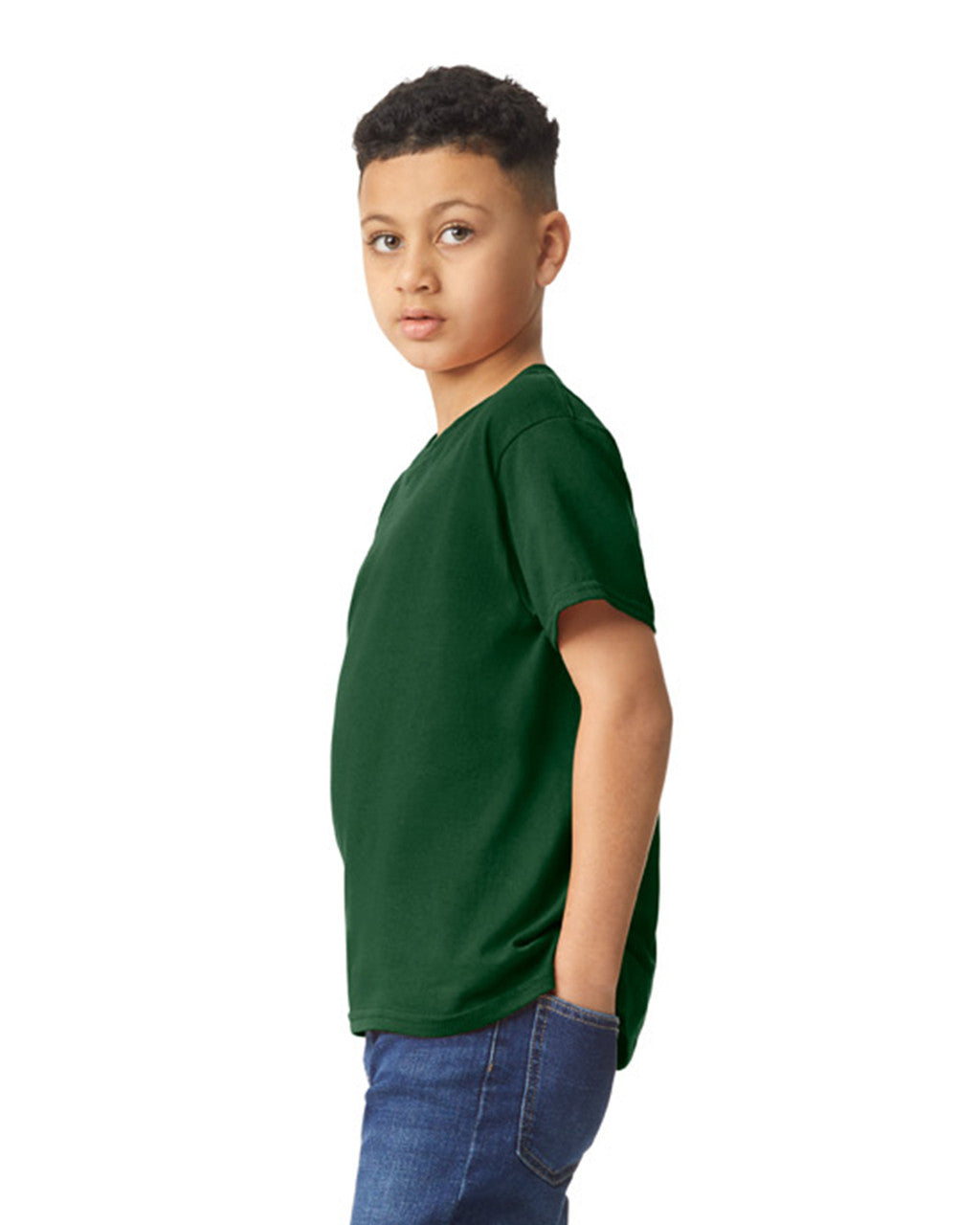 Gildan 5000B Youth Heavy Cotton T-Shirt - Forest Green - model side
