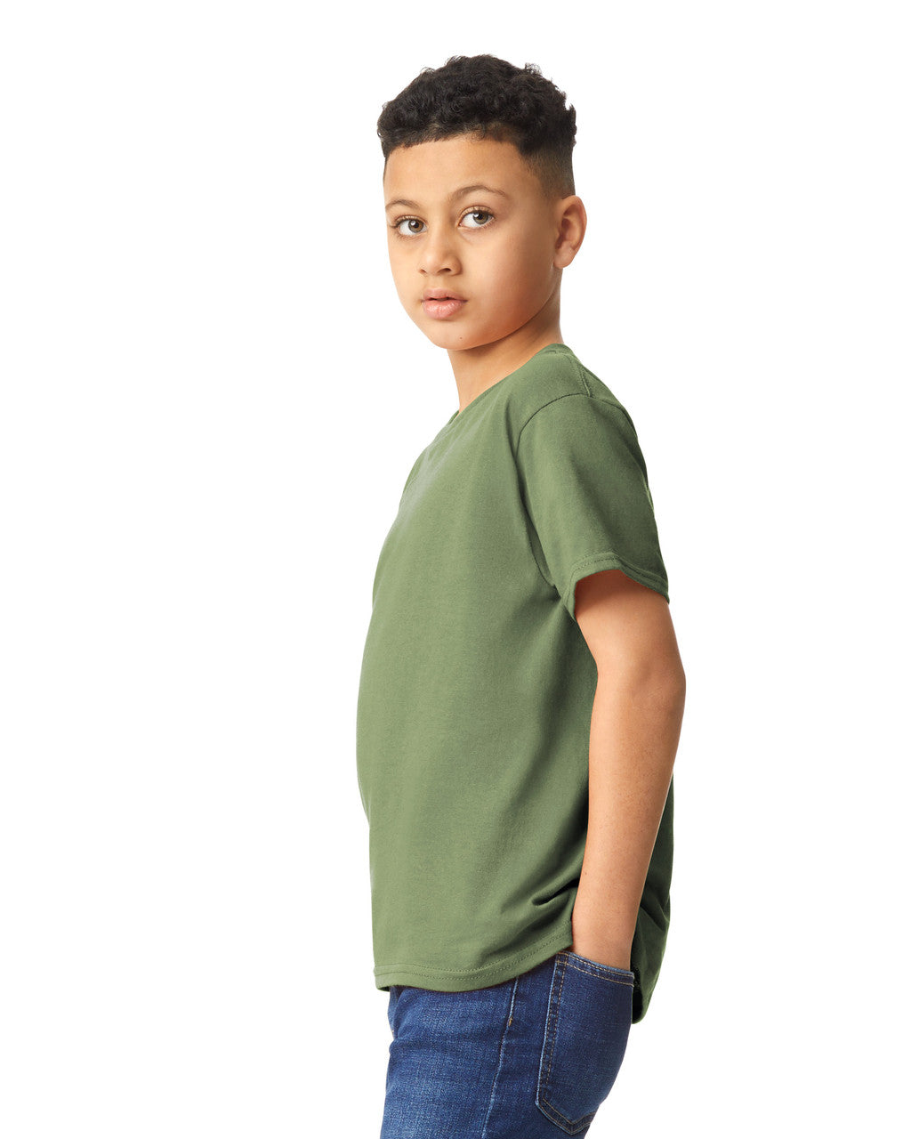 Gildan 5000B Youth Heavy Cotton T-Shirt - Military Green - model side