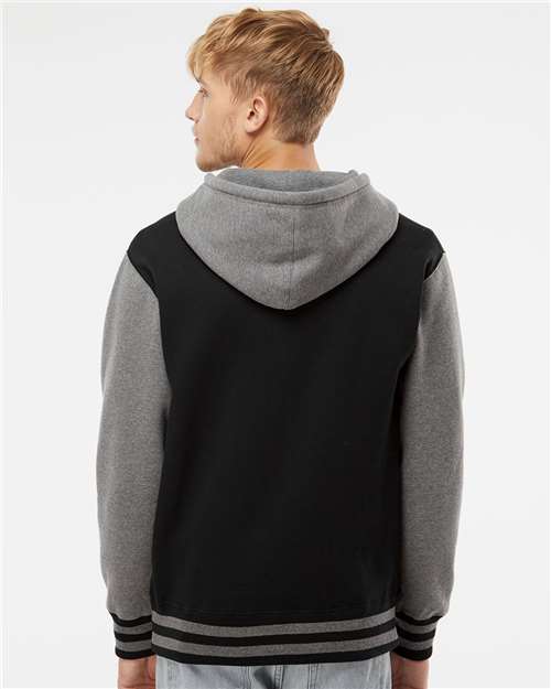 Independent Trading Co. IND45UVZ Unisex Heavyweight Varsity Full-Zip Hooded Sweatshirt - Black/ Gunmetal Heather - model back