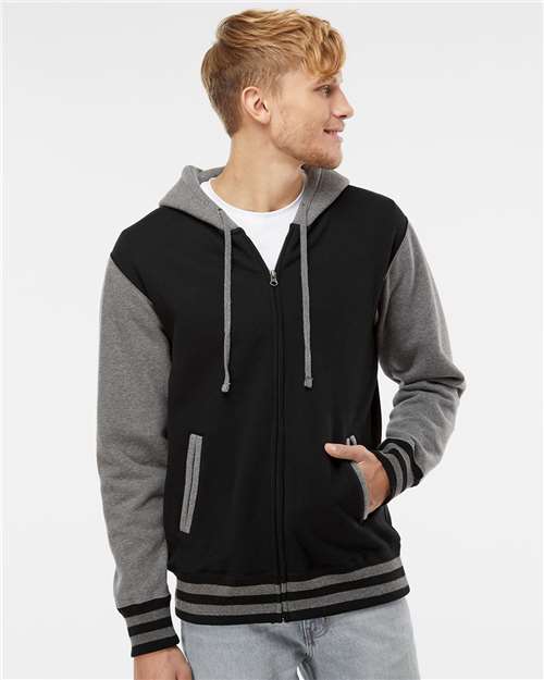 Independent Trading Co. IND45UVZ Unisex Heavyweight Varsity Full-Zip Hooded Sweatshirt - Black/ Gunmetal Heather - model front
