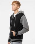 Independent Trading Co. IND45UVZ Unisex Heavyweight Varsity Full-Zip Hooded Sweatshirt - Black/ Gunmetal Heather - model side