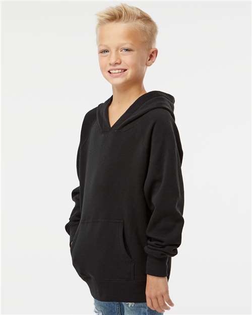 Independent Trading Co. PRM15YSB Youth Lightweight Special Blend Raglan Hooded Sweatshirt - Black - model side