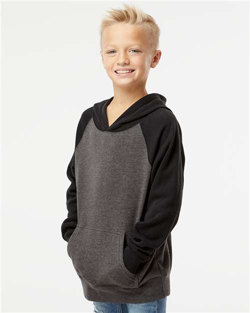 Independent Trading Co. PRM15YSB Youth Lightweight Special Blend Raglan Hooded Sweatshirt - Carbon/ Black - model side