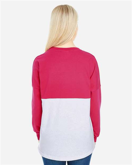 J. America 8229 Unisex Game Day Jersey Long Sleeve T-Shirt - Wildberry/ White - model back