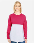 J. America 8229 Unisex Game Day Jersey Long Sleeve T-Shirt - Wildberry/ White - model front