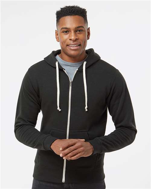 J. America 8872 Men's Triblend Full-Zip Hooded Sweatshirt - Black Solid - model front