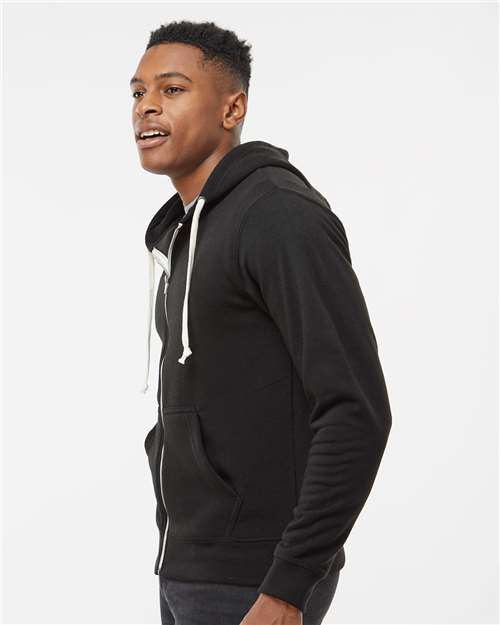 J. America 8872 Men's Triblend Full-Zip Hooded Sweatshirt - Black Solid - model side
