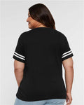 LAT 3537 Women's Football V-Neck Fine Jersey Tee - Black Solid/ White - model back