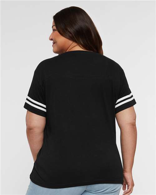 LAT 3537 Women's Football V-Neck Fine Jersey Tee - Black Solid/ White - model back