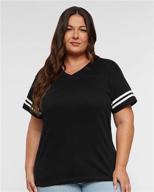 LAT 3537 Women's Football V-Neck Fine Jersey Tee - Black Solid/ White - model front